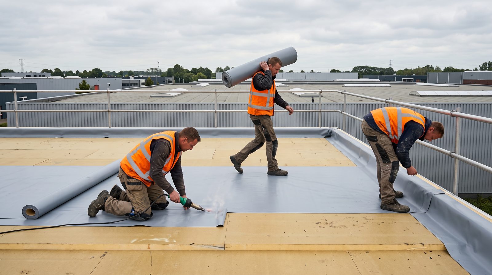 A roofing crew welding PVC membrane on a flat warehouse roof.