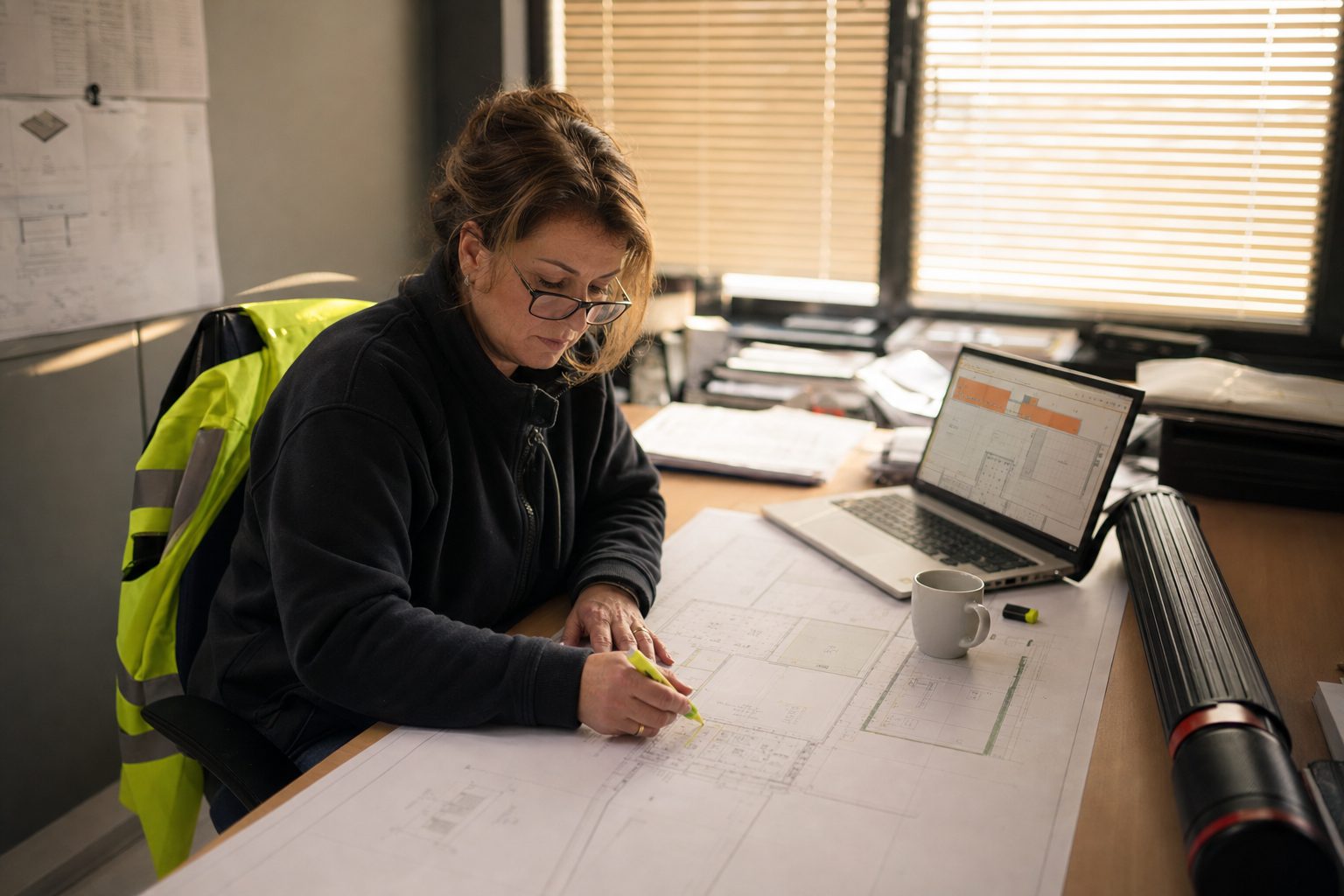 An estimator at her desk on a Friday afternoon, surrounded by roof drawings.