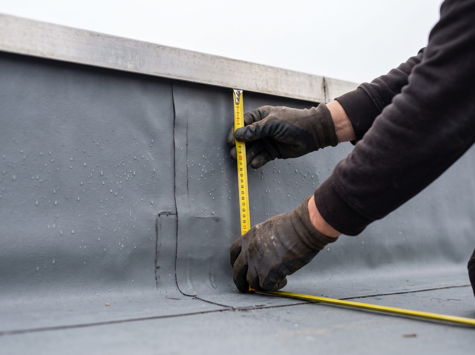 A roofer measuring the height of a parapet upstand with a tape measure.
